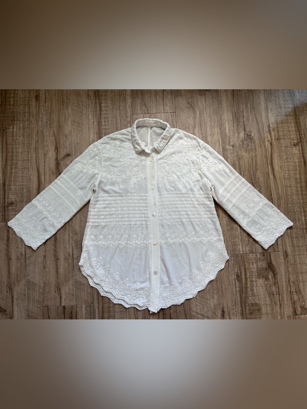 Boho cotton blend White Lace Button-Down Blouse embroidered lagenlook summer